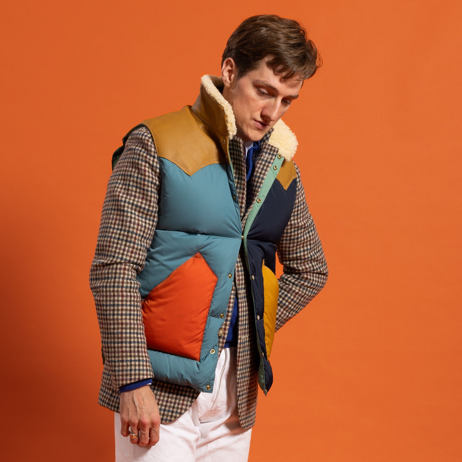 Rocky Mountain Featherbed x MJ: Down Vest "Christy Multi-Patch Vest" with Lambskin Collar